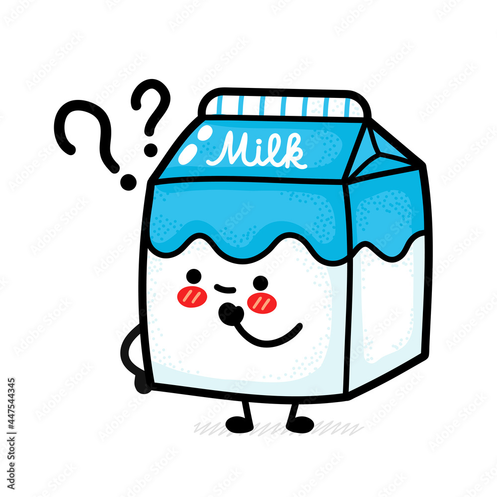 Cute funny milk box with question marks. Vector hand drawn cartoon kawaii character illustration icon. Isolated on white background. Milk dairy box doodle cartoon smile happy character concept Cute funny milk box with question marks. Vector hand drawn cartoon kawaii character illustration icon. Isolated on white background. Milk dairy box doodle cartoon smile happy character concept