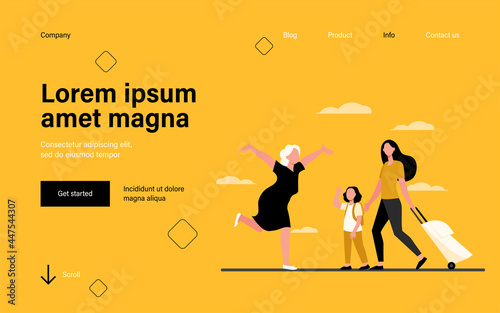 Mom and little daughter with luggage meeting with grandma. Senior woman running with open arms flat vector illustration. Family, generation concept for banner, website design or landing web page