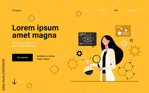 Female scientist doing scientific research in lab, holding magnifying glass and chemical flask, molecule models in background. For science, chemistry, physics, neuroscience concept