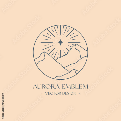 Vector linear boho emblem with abstract mountain landscape and aurora lights.Travel logo with mountains range;camping concept.Bohemian icon or symbol in trendy minimal style.Branding design template.
