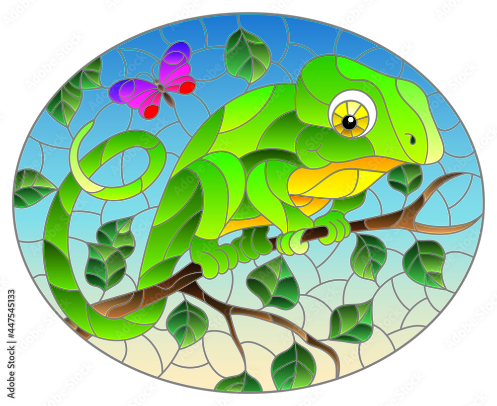 Fototapeta premium An illustration in the style of a stained glass window with a bright cartoon chameleon on a tree branch on a blue background, a oval image