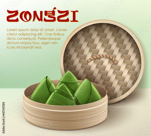 Realistic Detailed 3d Food Rice Dumplings and Dragon Boat Festival Concept Banner Poster Card. Vector