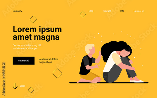 Boy trying to help sad woman. Grief, kid, night flat vector illustration. Depression and melancholy concept for banner, website design or landing web page