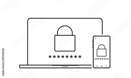 Password authorization. login to account. Two step authentication. Laptop and smartphone safety login or signin. Illustration vector