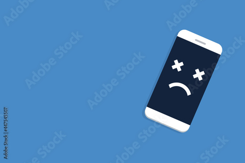 Broken smartphone with sad smile. Broken phone service, recovery and repair concept.	