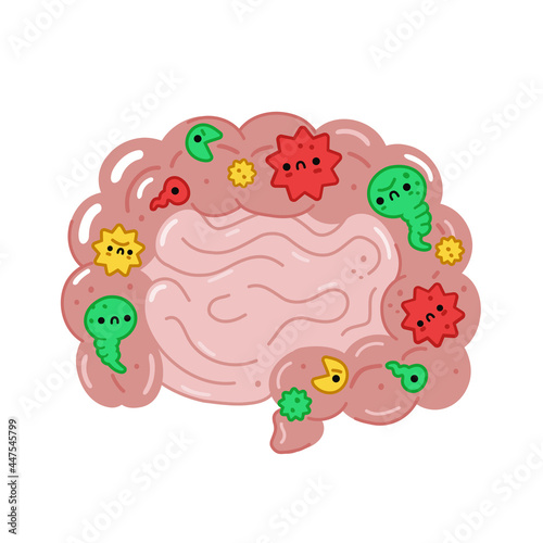Sick unhealthy intestine organ with bad bacterias,microflora. Vector hand drawn cartoon character illustration. Isolated on white background. Intestine,microflora,probiotics character concept