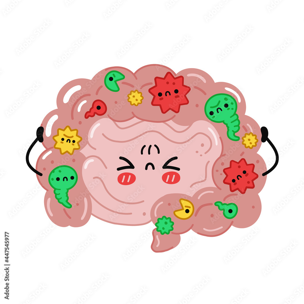 Cute funny intestine organ with bad bacterias,microflora. Vector hand drawn cartoon kawaii character illustration. Isolated on white background. Intestine,microflora,probiotics character concept