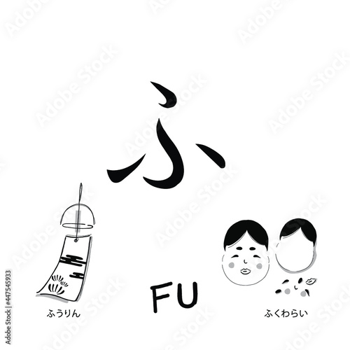  Japanese alphabets illustration Hand drawn sketch drawing. Japanese letter of Fu Vector illustration of calligraphy Hiragana word with example. Graphic design elements. Isolated objects for education photo