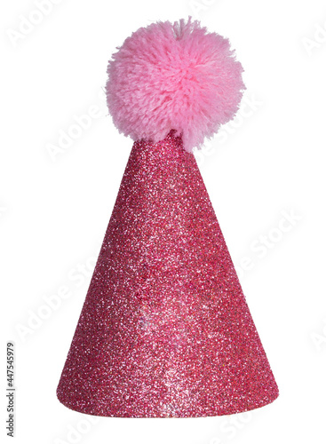 Realistic pink glitter party hat with pompon on top. Isolated on a white background.