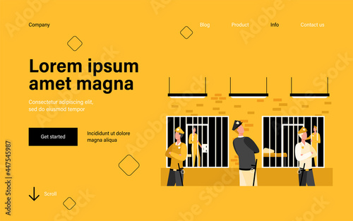Criminals and guards in state prison. Policemen watching prisoners in cells of police department. Vector illustration for investigation, justice, jail concept