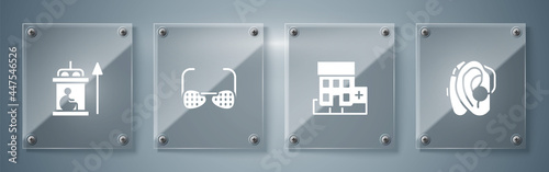 Set Hearing aid, Medical hospital building, Blind glasses and Elevator for disabled. Square glass panels. Vector
