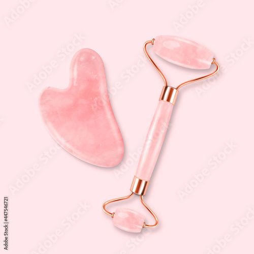Vector 3d Realistic Jade Roller, Gua Sha Scraping Massage Tool Set. Natural Pink Rose Quartz Stone Scraper, Massager. Chinese Traditional Facial Lifting for Woman. Facial Acupoints. Top View