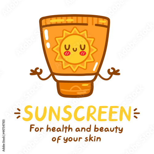 Cute funny suscreen tube. Vector flat line cartoon kawaii character illustration icon. Isolated on white background. Sunscreen, sun protection cream care,sunblock screen character poster concept