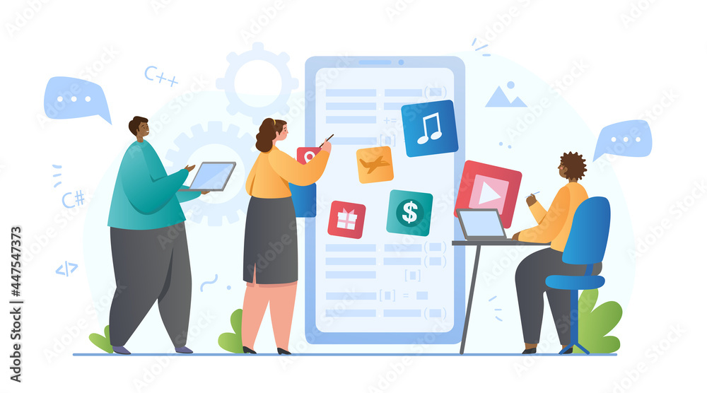 Young male and female characters are developing application together. Cheerful designers are creating colorful interface for mobile app. Concept of app development. Flat cartoon vector illustration Young male and female characters are developing application together. Cheerful designers are creating colorful interface for mobile app. Concept of app development. Flat cartoon vector illustration