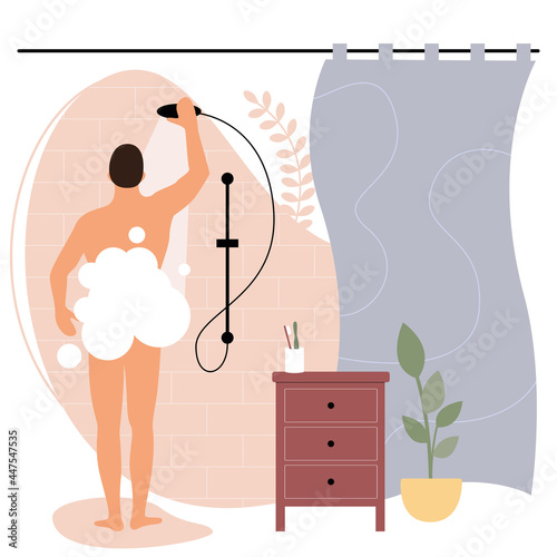 A naked man in white soap bubbles washes at home under the shower in the bathroom. Everyday self-care, hygiene and cleanliness. Vector flat illustration.