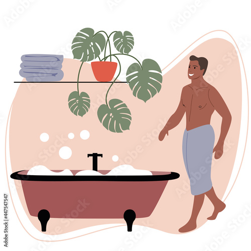 A peppy man in a towel is planning to take a bath with soap bubbles. A blue towel on the man's thighs. Self-care and relaxation. Evening routine in the bathroom. Vector flat illustration.