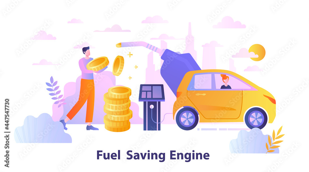 Naklejka premium Male character is using car with fuel saving engine. Concept of new technology and fuel saving engine. Gas mileage, efficient eco friendly engine. Flat cartoon vector illustration