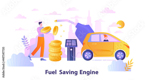 Male character is using car with fuel saving engine. Concept of new technology and fuel saving engine. Gas mileage, efficient eco friendly engine. Flat cartoon vector illustration