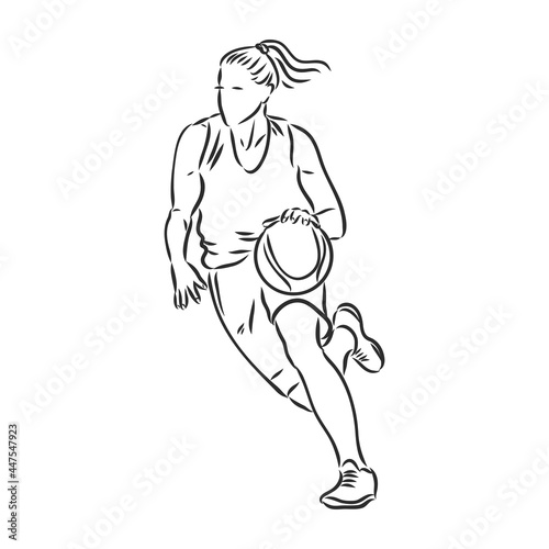 illustration female basketball player . black and white sketch, white background