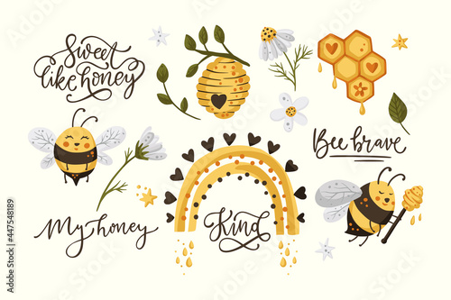 Cute honey bee funny illustration set. Cartoon vector happy summer insect character collection with daisy flower and lettering quote.