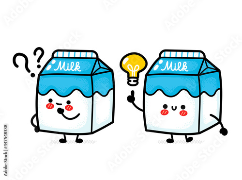 Cute funny milk box with question mark and idea lightbulb. Vector hand drawn cartoon kawaii character illustration. Isolated on white background. Milk dairy box doodle cartoon smile happy character