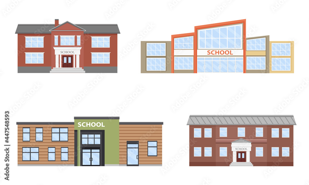 A set of school buildings. Modern school building. Classic school building. Urban architecture. Educational institution.