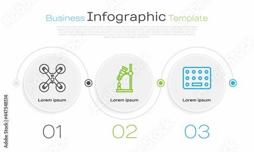 Set line Drone flying, Test tube flask on fire and Pills in blister pack. Business infographic template. Vector