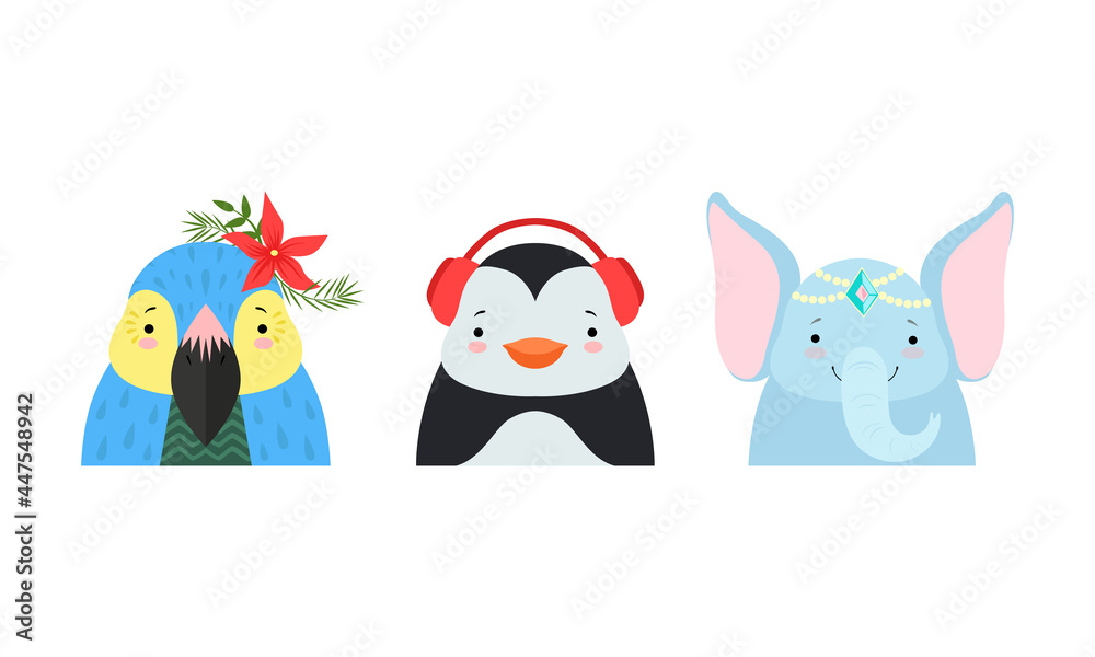 Obraz premium Set of Cute Baby Animals in Headdresses, Lovely Parrot, Penguin, Elephant in Headgears Cartoon Vector Illustration