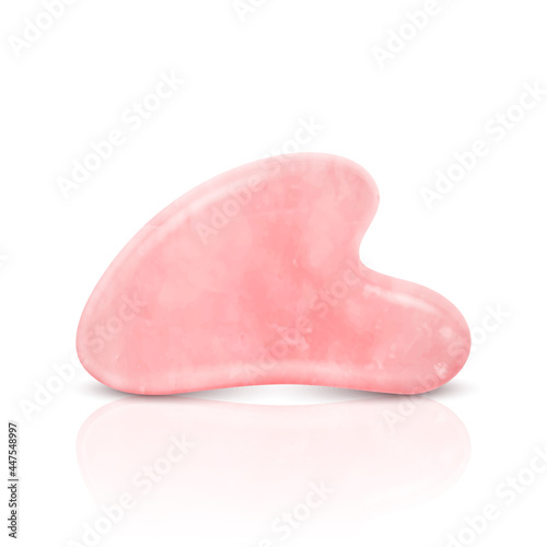 Vector 3d Realistic Gua Sha Jade Scraping Massage Tool Closeup Isolated on White. Natural Pink Rose Quartz Stone Scraper. Chinese Traditional Facial Lifting for Woman. Facial Acupoints