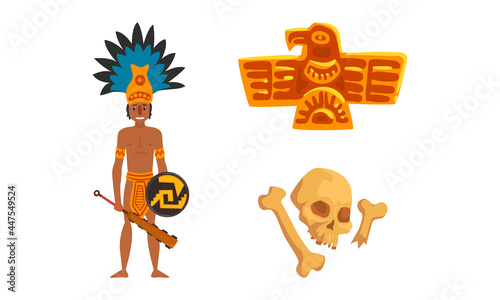 Maya Civilization Symbols Set, American Tribal Culture Signs Cartoon Vector Illustration