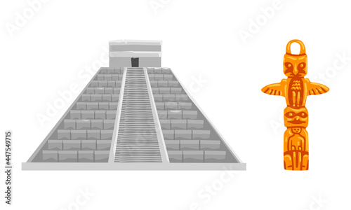 n Maya Civilization Symbols Set, Mayan Pyramid and Totem Pole Cartoon Vector Illustration