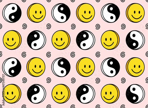 Funny smile cute face and Yin Yang seamless pattern. Vector doodle cartoon kawaii character illustration icon design. Positive smile faces, Yin Yang, high,trip,techno cartoon seamless pattern concept