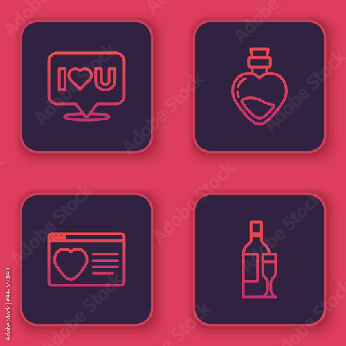 Set line Speech bubble with I love you, Dating app online, Bottle potion and Champagne bottle. Blue square button. Vector