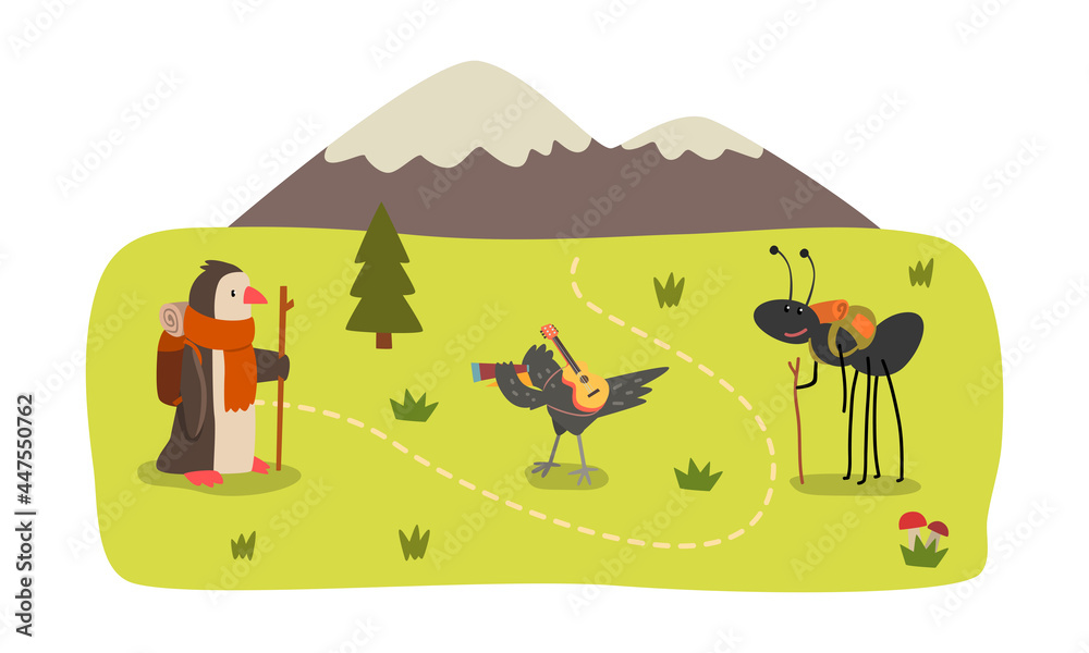 Naklejka premium Wild Animals Hiking on Summer Mountain Landscape Set, Penguin, Ant, Crow Characters Camping, Hiking Vector Illustration
