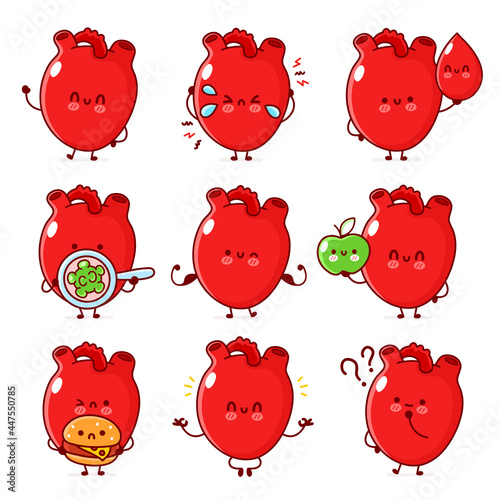 Cute healthy and unhealthy human heart organ set. Vector line doodle cartoon kawaii character illustration. Isolated on white background. Human heart organ, anatomy cartoon mascot character concept