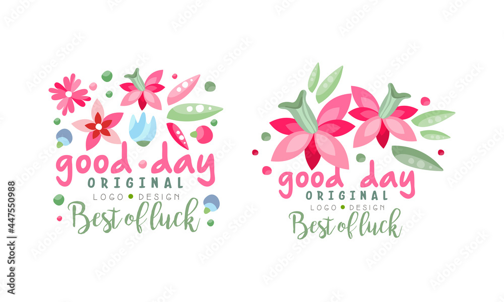 Good Day Logo Design Set, Best of Luck Hand Drawn Bright Labels Vector Illustration Good Day Logo Design Set, Best of Luck Hand Drawn Bright Labels Vector Illustration