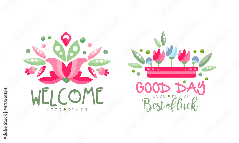 Welcome Logo Design Set, Good Day, Best of Luck Hand Drawn Labels Vector Illustration
