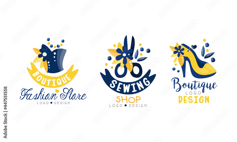 Sewing Shop Logo Design Set, Fashion Boutique Bright Hand Drawn Labels Vector Illustration
