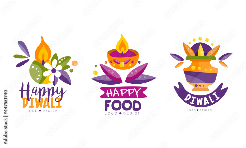 Happy Diwali Logo Design Set, Happy Food Indian Festival Labels Vector Illustration Happy Diwali Logo Design Set, Happy Food Indian Festival Labels Vector Illustration