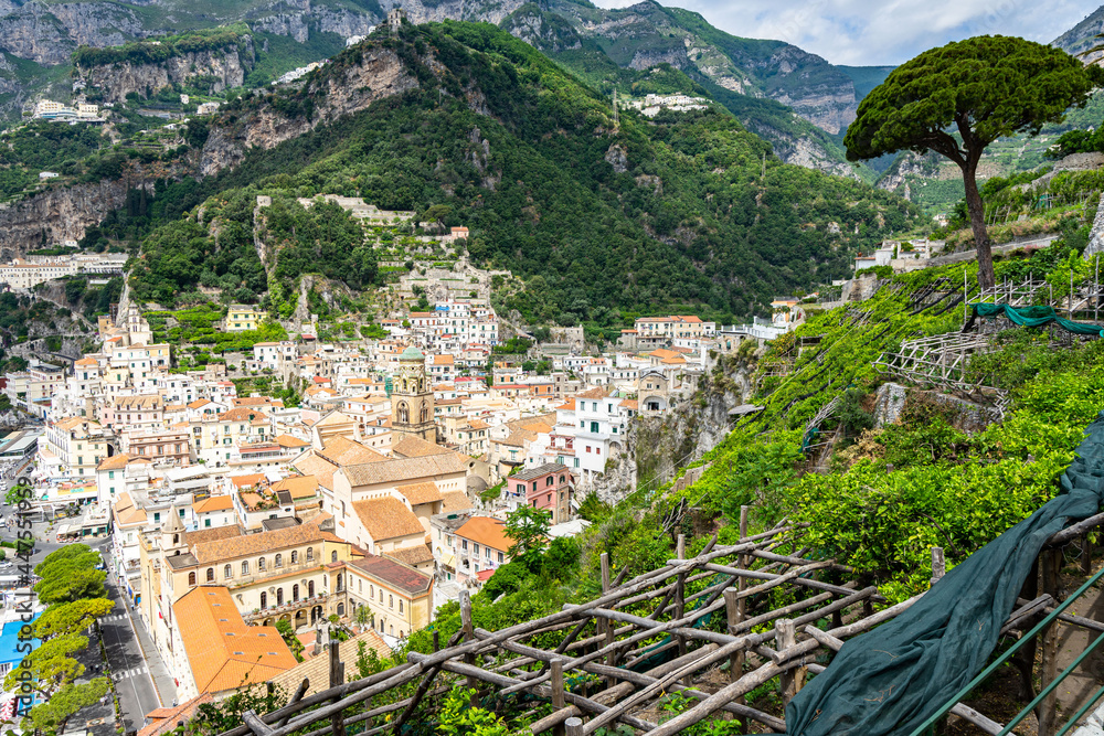 Scenic aerial view of Amalfi, the most famous and charming town of the Amalfi Coast, Italy
