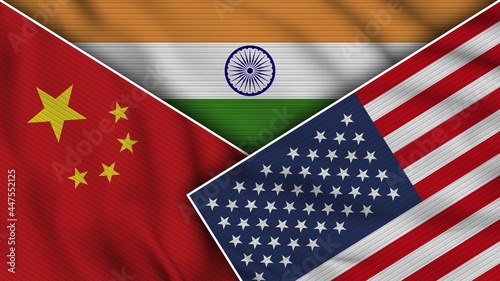 India United States of America China Flags Together Fabric Texture Effect Illustration