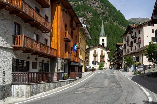 View of Valtournenche a typical resort town in Aosta Valley during summer season, Italy