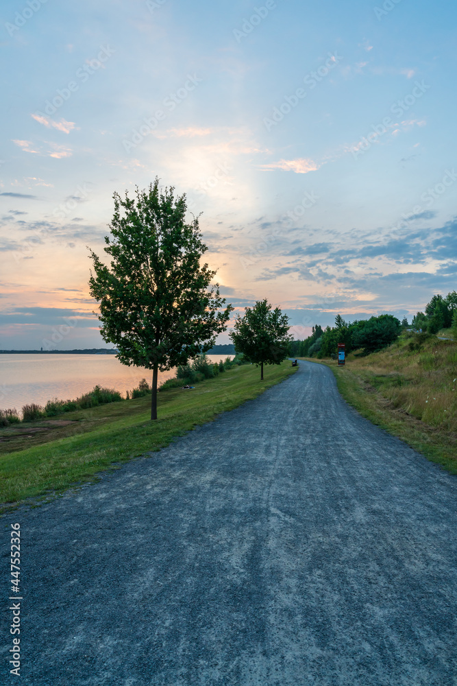 Road at the Markkleeberger lake at sunset in summer