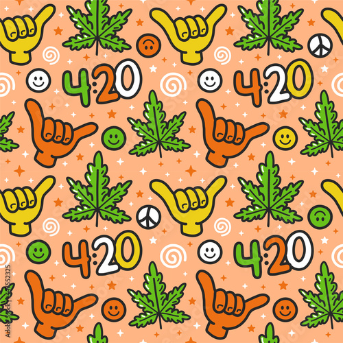 Funny weed marijuana, shaka gesture,420 seamless pattern. Vector hand drawn doodle outline cartoon kawaii character illustration. Trippy,weed,420, shaka, cannabis leaf cartoon seamless pattern concept
