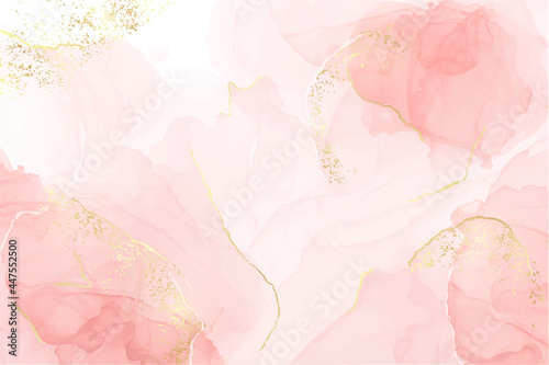 Carta da parati Abstract rose blush liquid watercolor background with golden lines, dots and stains
