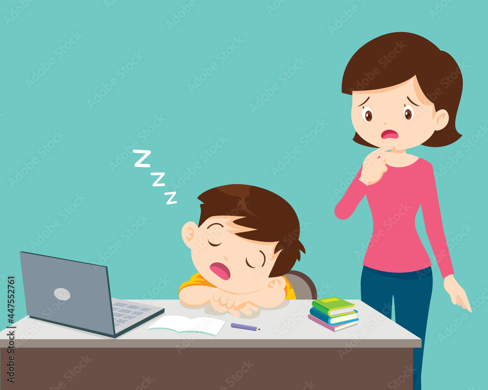 mom looking child bored of studying sleeps mom looking child bored of studying sleeps