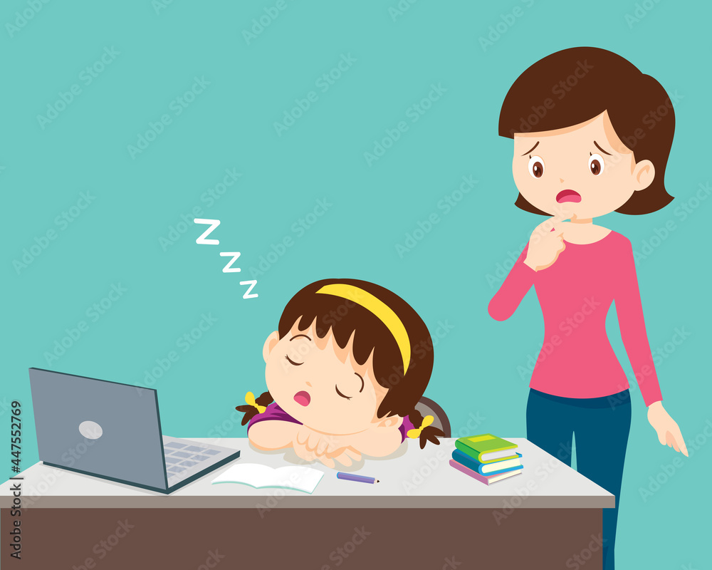mom looking child girl bored of studying sleeps mom looking child girl bored of studying sleeps
