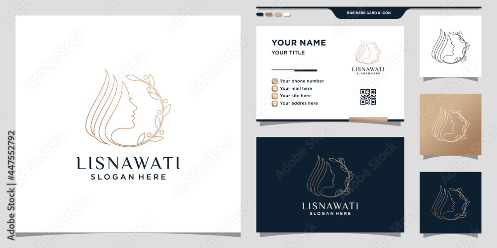 Beauty woman face logo with leaf and line art style and business card ...