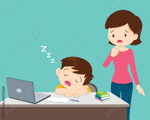 mom looking child bored of studying sleeps