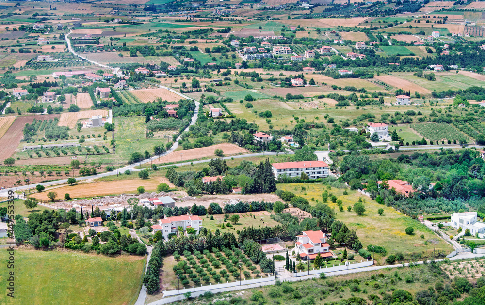 Aerial view of agricultural crops of wheat, olives and orange, on the outskirts of Thessalonica, it is the capital of the Macedonia, located on the Thermaic Gulf, Greece, June 2014